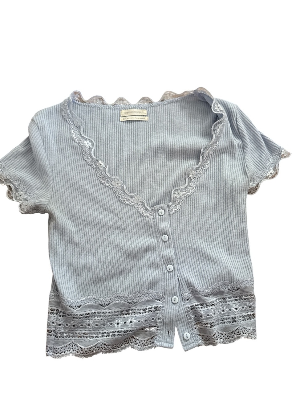Urban Outfitters Light Gray Ribbed Lace-Trim Button Front Top